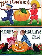 Antique Postcard 1908 Merry Halloween Kids Jack O Lantern Pumpkin Black Cats picture