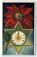 c1910 A BRIGHT NEW YEAR CLOCK PONSIETTIA EARLY IOWA EMBOSSED POSTCARD P3261 picture