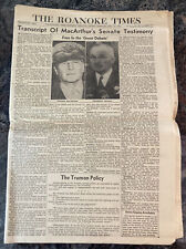 1951 May 13 The Roanoke Times Newspaper MacArthur’s Senate Testimony Transcript picture