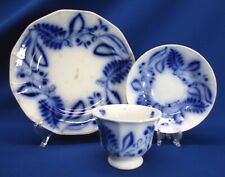EARLY BRUSHSTROKE FLOW BLUE FERN & BERRIES TRIO HANDLESS CUP & SAUCER & PLATE picture