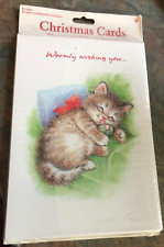Christmas Cards Kitten Snuggled Up Mouse Toy Sealed Package Vtg 8 NOS AG picture