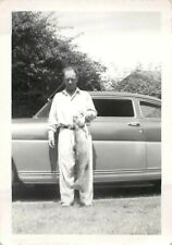 1950s Angry Man with Large Fish Hudson Hornet Old Car Sea Bass Vintage B&W Photo picture