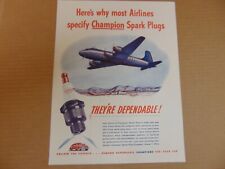 1946 CHAMPION SPARK PLUGS AIRLINES USE FOR DEPENDABILITY vintage art print ad  picture