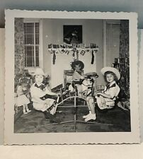 1954  CHRISTMAS SNAPSHOT PHOTO Kids Cowboy outfit Rocking Horse tree stockings picture