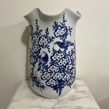 Beautiful old vintage blue and white vase Japan Cherry Blossoms Birds STUNNING picture