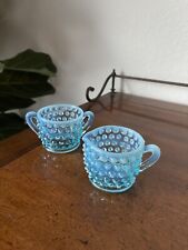 Fenton Blue Opalescent Hobnail Miniature Creamer and Sugar Bowl 2” picture