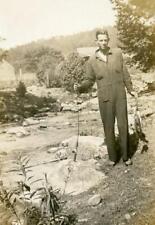 PP85 Vtg Photo MAN w/ FISHING POLE AND FISH CATCH ON A STRINGER, STREAM c 1930's picture