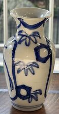 COOL Abstract Chinoiserie Blue White Hand Painted Porcelain Vase 6.5” Stamped picture