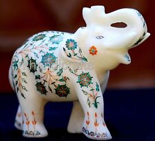 06 Inches Marble Elephant Statue Malachite Stone Inlay Work Good Luck Elephant picture