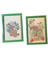 Pair (2) 5x7” Vtg Strawberry Framed Greeting Card Cutout Green Metal  Cottage picture