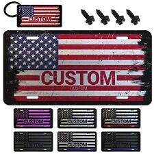 Custom Distressed American Flag License Plate + 4 Black Screws & Keychain picture