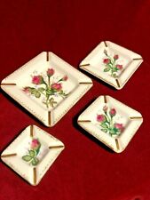 Set of 4 Square Porcelain Ashtrays Pink Rosebud Gold Trim 2.5