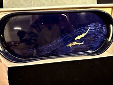 Vintage Black Lacquer Golden Fish Blue Wave  Asian Tray 19” X 8” X 1”-1.5” picture