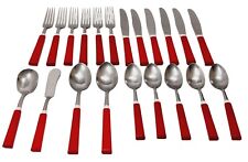 Vintage Sta-brite Flatware Red Handles Set Of 21 Spoons Butter Knives Forks MCM picture