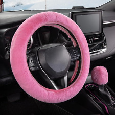 Fluffy Pink Car Steering Wheel and Gear Shift Cover Set - Soft, Warm, and Non-Sl picture