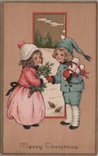 Postcard Christmas Kids Snowsuits Exchanging Holly  picture