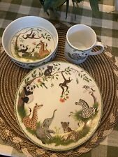Vintage Lynn Chase Childs 3 Piece Jungle Party Baby Animals Set Plate Cup & Bowl picture