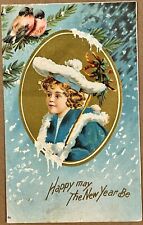 New Years Little Girl Winter Birds Clapsaddle Gold Gild Vintage Postcard 1909 picture