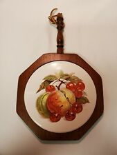 Vintage Ceramic Tile Trivet Wood Spindle Handle Wall Decor Fruit Cherries 11x7 picture