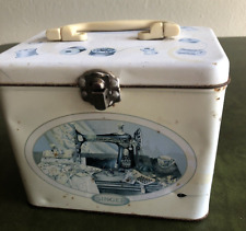 Vintage 1940's Singer Sewing Machine Accessory Box with lid, white and blue picture