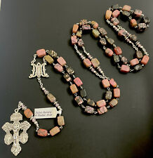 Semi Precious Genuine Rhodonite 10mm Stone XL 32” Rosary Pardon Crucifix w/ Tag picture