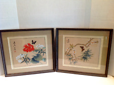 Antique Asian Watercolors on Silk Art Framed and Matted Lot of 2 picture