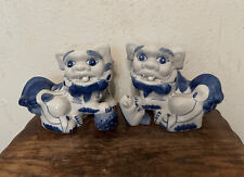 Pair Blue & White Porcelain Chinese Foo Dog Statues Figurines - 7