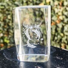 3D Frolicking Dolphin Paperweight Laser-Etched Lead Crystal Glass Cube picture