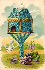 1908 Floral Bird House Love Birds HEARTY GREETINGS Embossed Postcard picture