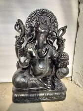 Seated Indoor Black Sitting Ganesha in Granite, For Exterior Decor, Size 18 Inch picture