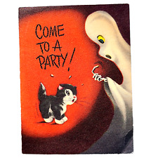 Vintage 1940s HALLOWEEN Card Party Invitation BLACK CAT Ghost Antique picture
