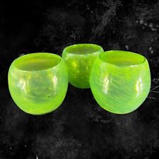 Hand Blown Green Stemless Drinking Glasses Set 3 Hand Made Small Bubbles Votives picture