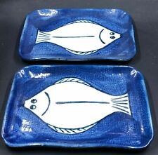 2 Cool Blue & White Plates Sushi Fish Textured Base Stamped Japanese 7