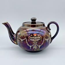 Vintage Brown Betty Teapot Made in England Red Ware Hand Painted Moriage picture