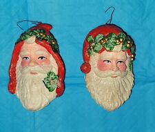 Lot Of 2 VTG Santa Blow Mold Face Glitter Holly Crown Christmas Tree Ornament picture