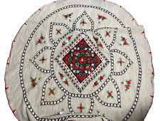 Vintage Linen Tablecloth Oval Heavily Embroidered Red Beige Intricate Round Rare picture
