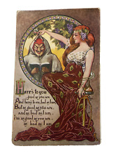 Antique Vintage  Postcard - Relationship Lady & Devil Bad Boy Embossed Unstamped picture