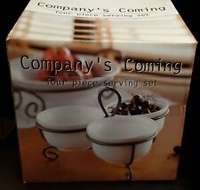 4 Pc White Earthenware Condiment Relish Serve Set With Iron Carrier Stand New picture