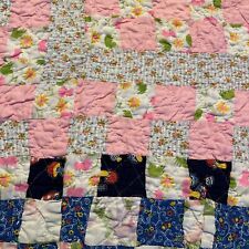 50/60s Vintage Patchwork Quilt Coverlet Pink Blue blocks Floral Mushroom  63x80