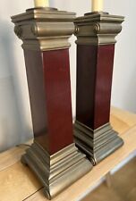 EXCELLENT PAIR, 1950’s MCM, NEOCLASSICAL, COLUMN LAMPS, BURGUNDY ENAMEL, BRASS picture