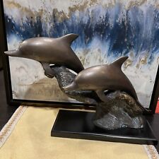 Vintage Solid Brass Pair of Dolphins on Wave Large Statue China/see Details picture