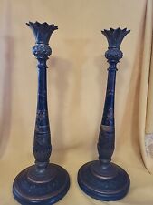 Pair of French Victorian Style Bronze and Hand-Painted Floral Wood Candle Sticks picture