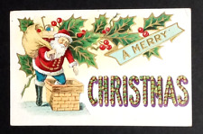 A Merry Christmas Santa Going Down a Chimney Embossed SL & Co Postcard c1908 picture