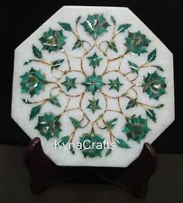 7 Inches White Marble Tea Pot Stand Malachite Stone Inlay Work Decorative Plate picture