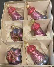 Lot Of Six Dept 56 Rep Czech Glass Ornaments Pink Purple Blue Glitter Accents picture