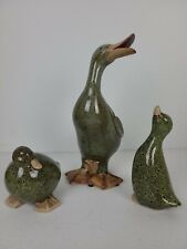 Ceramic Mother Duck and Two Ducklings-Green Speckled Glossy Finish 10