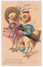 Dressed Chicks Pink Dress Blue Shirt Umbrella Eggs Net Antique Easter Postcard picture