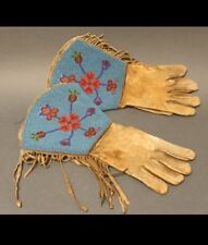 Old American Style Handmade Sioux Beaded Leather Gauntlet Gloves Floral GV91 picture