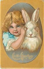 Little Girl with Bunny Rabbit Chick Easter Greetings Postcard picture