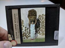 COLORED Glass Magic Lantern Slide DKM WOMAN CARRYING HUGE LOAD ON HER HEAD WOW picture